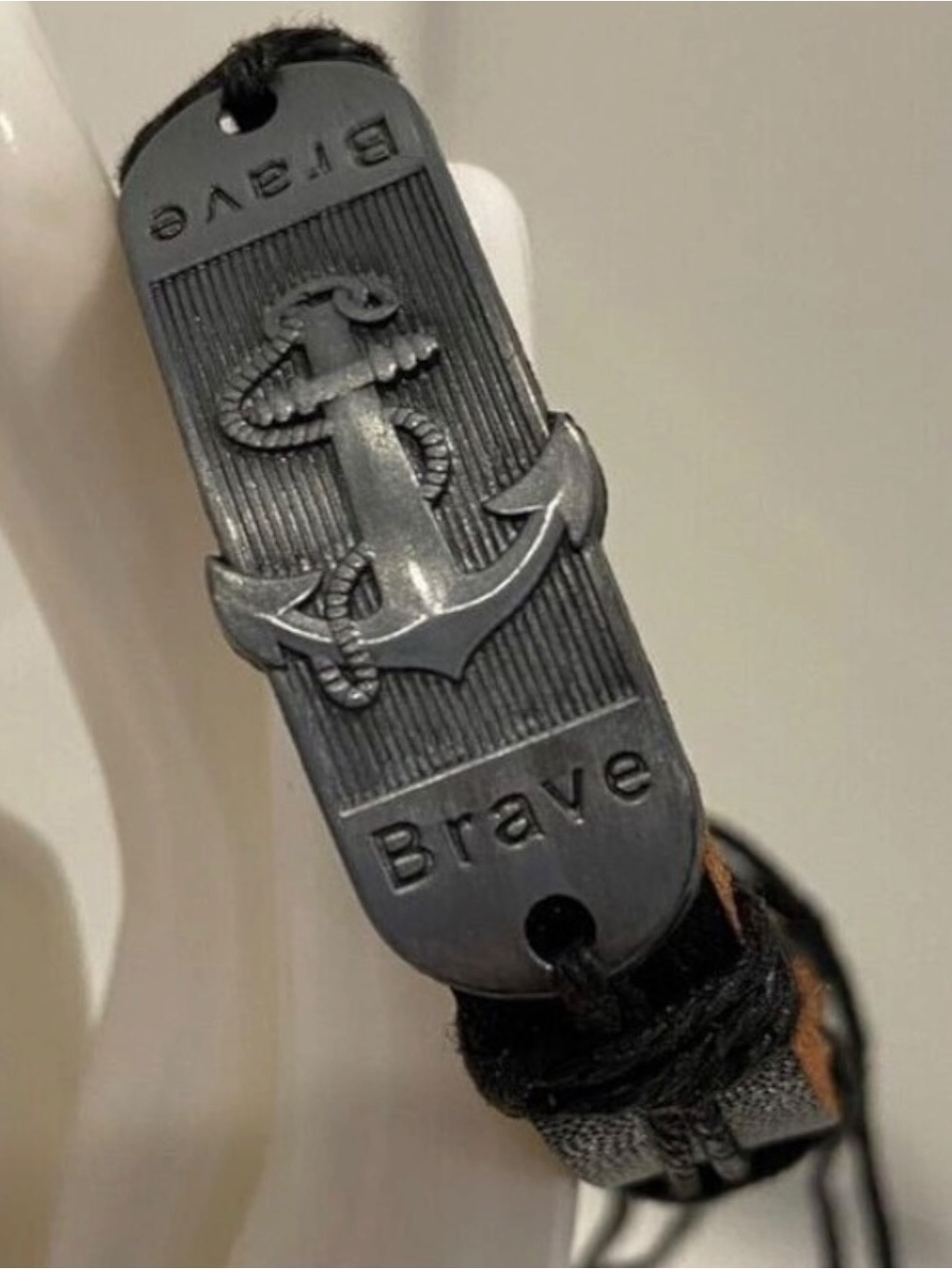 Handmade Leather Bracelet With Metal Anchor Plate "Brave" Design Adjustable